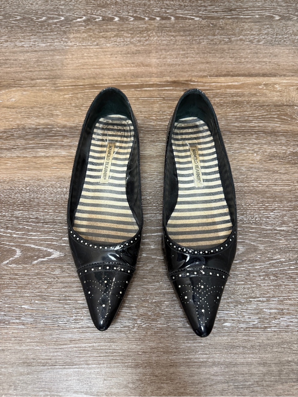 Manolo Blahnik Petunia Brogue Patent Black Pointed Toe Studded Flats